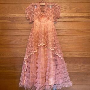 Vintage 1950s coral pink cupcake prom party dress gown with lace bolero.